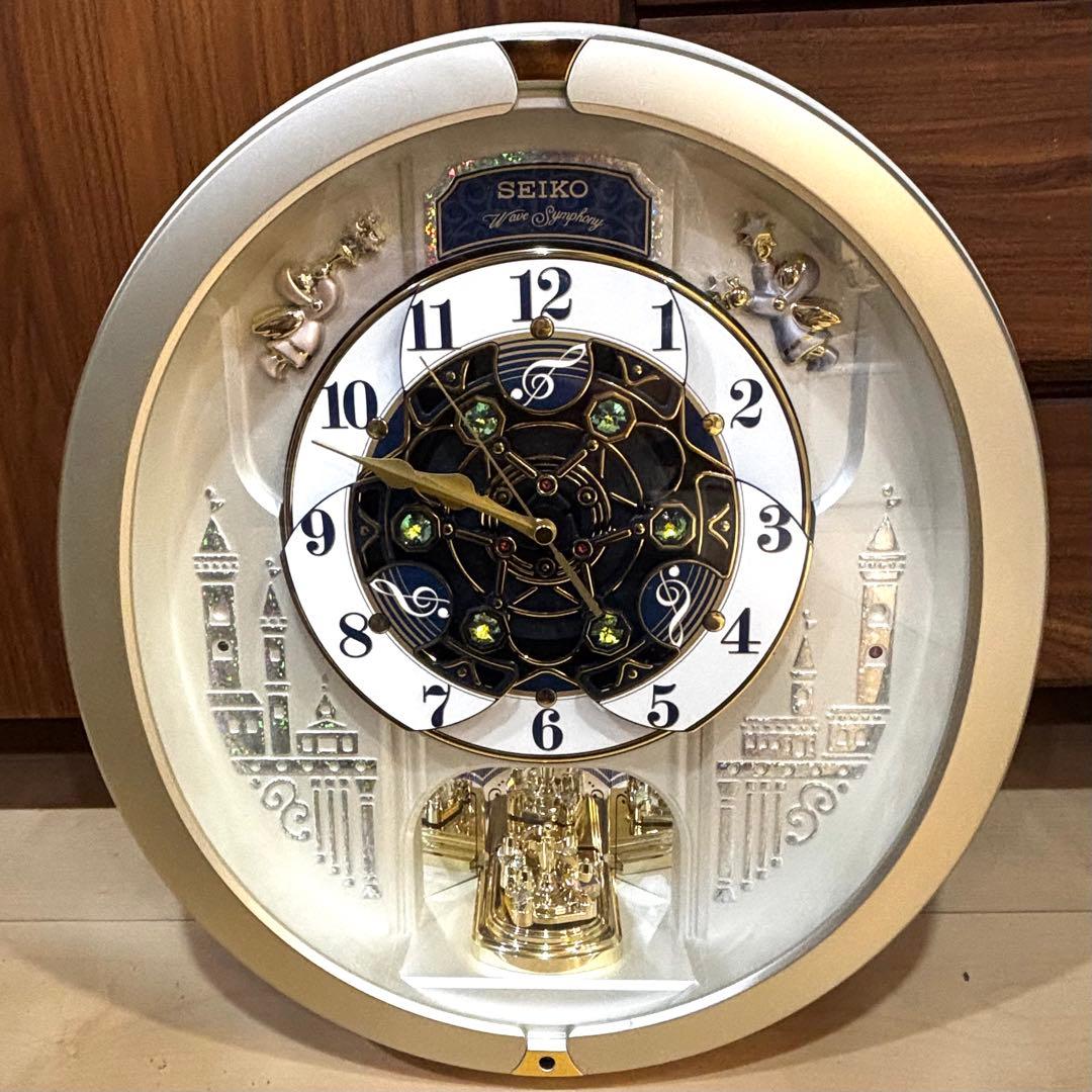 【極美品】セイコー RE579S 電波 メロディ からくり 掛け 時計 回転