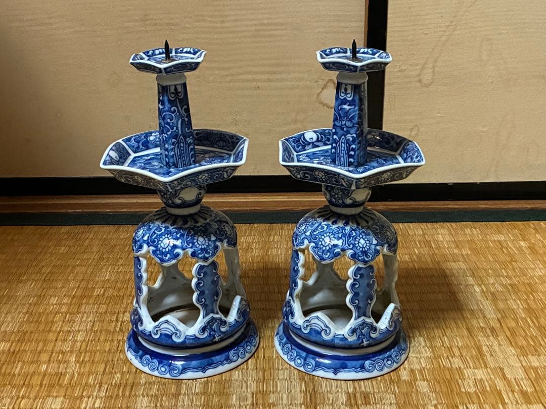 有田焼 古伊万里 染付 燭台 一対 時代物