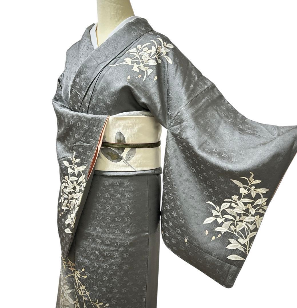 A151愛華 訪問着　錆鼠色　花地紋　染め花　正絹　フォーマル　身丈164cm