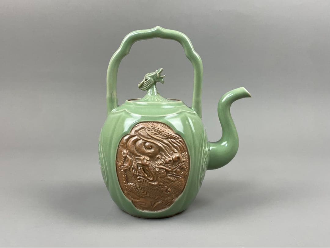 青磁 雲龍文 提梁式 平安 艶彩造 水注 京焼 茶道具 茶器 和食器 共箱 共布