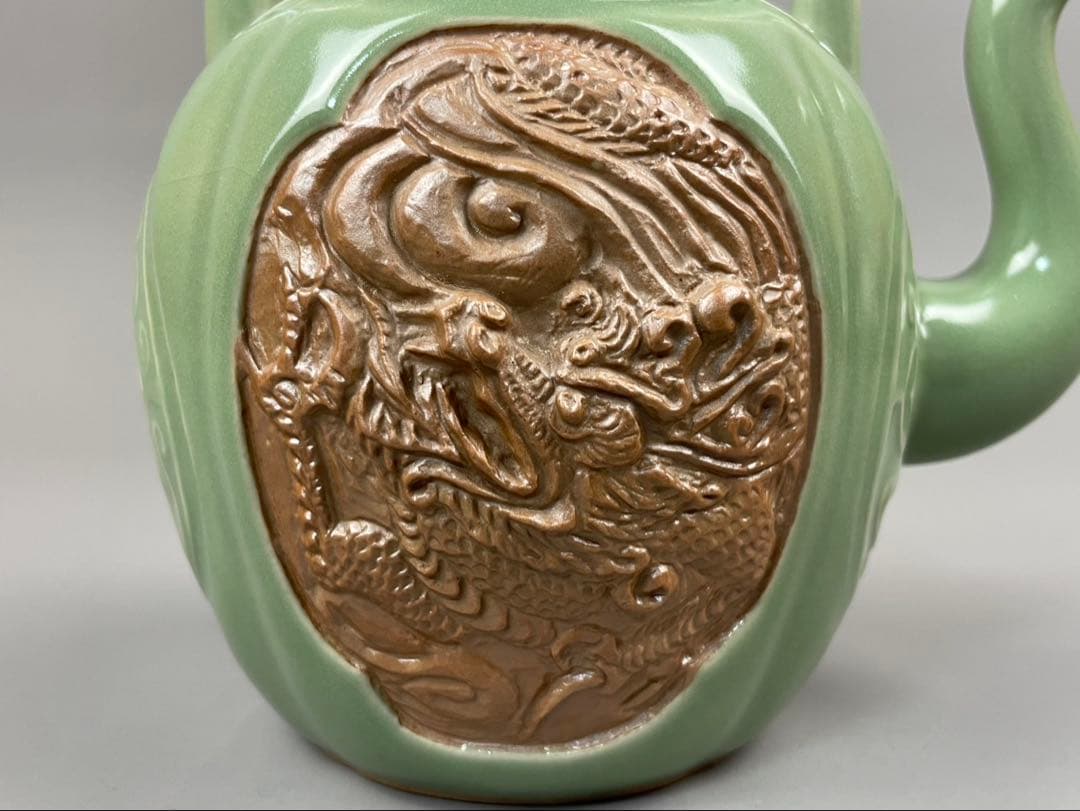 青磁 雲龍文 提梁式 平安 艶彩造 水注 京焼 茶道具 茶器 和食器 共箱 共布