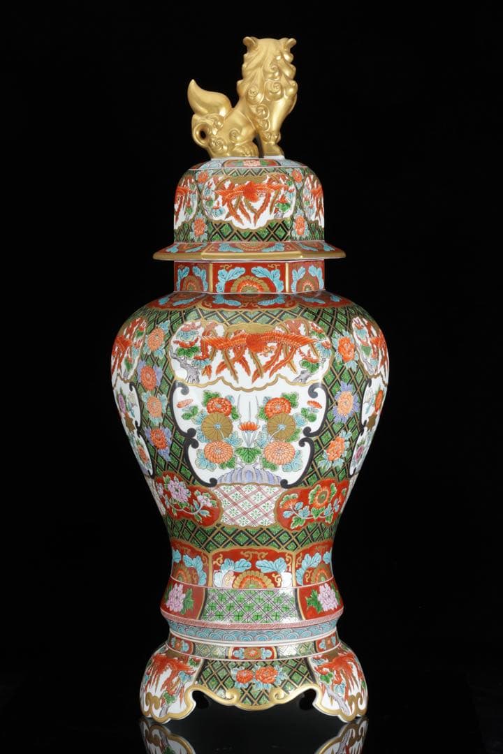 有田焼 耕右衛門 染錦窓絵鳳凰花尽之図 獅子摘蓋特大三段壺 沈香壺 飾壷 86㎝