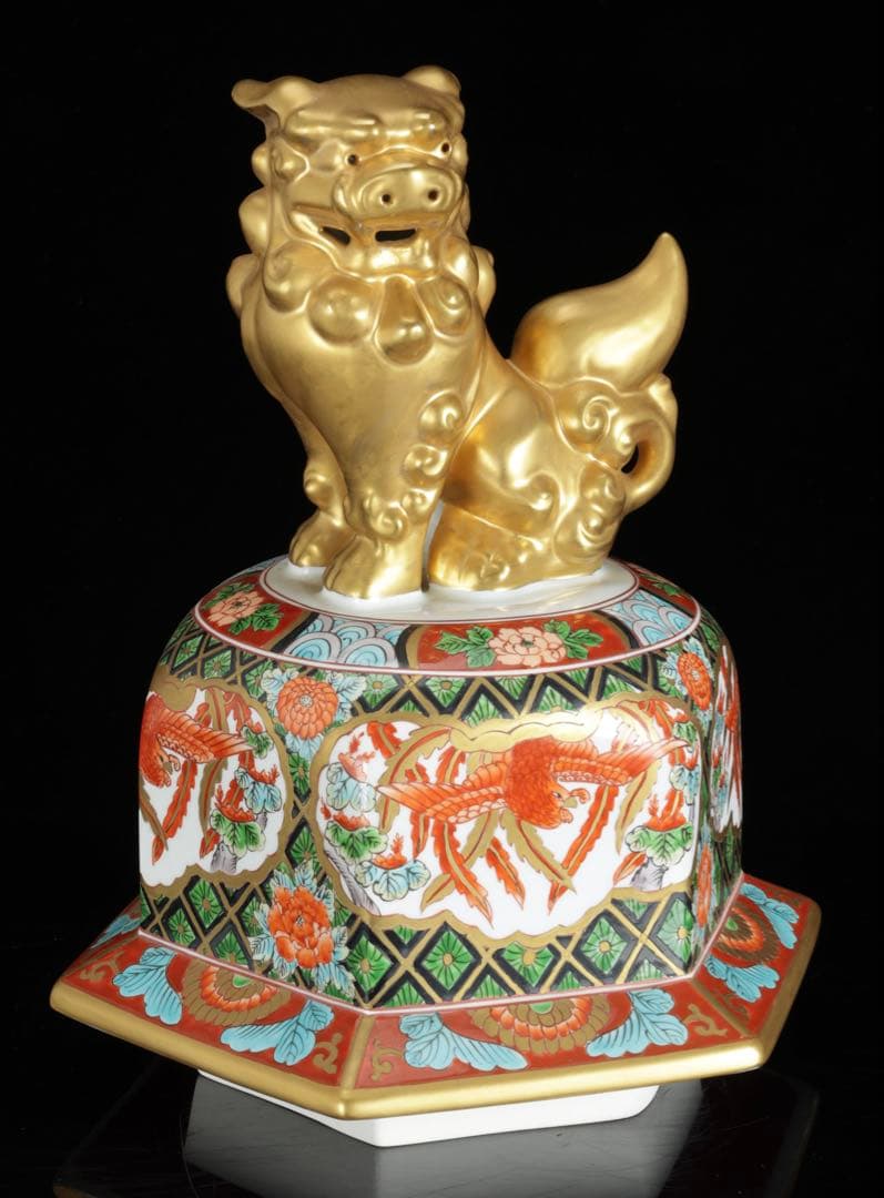 有田焼 耕右衛門 染錦窓絵鳳凰花尽之図 獅子摘蓋特大三段壺 沈香壺 飾壷 86㎝