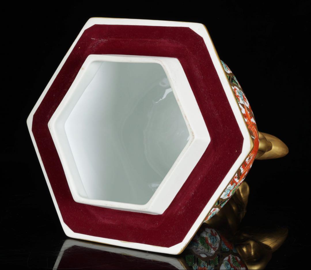 有田焼 耕右衛門 染錦窓絵鳳凰花尽之図 獅子摘蓋特大三段壺 沈香壺 飾壷 86㎝