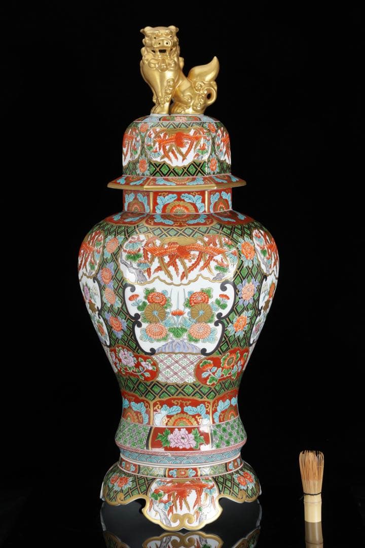 有田焼 耕右衛門 染錦窓絵鳳凰花尽之図 獅子摘蓋特大三段壺 沈香壺 飾壷 86㎝