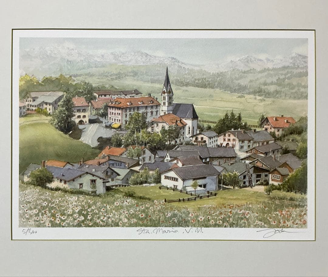 絵画・版画・リトグラフ・織田義郎・スイス・サンタマリアV.M・アルプス・世界遺産