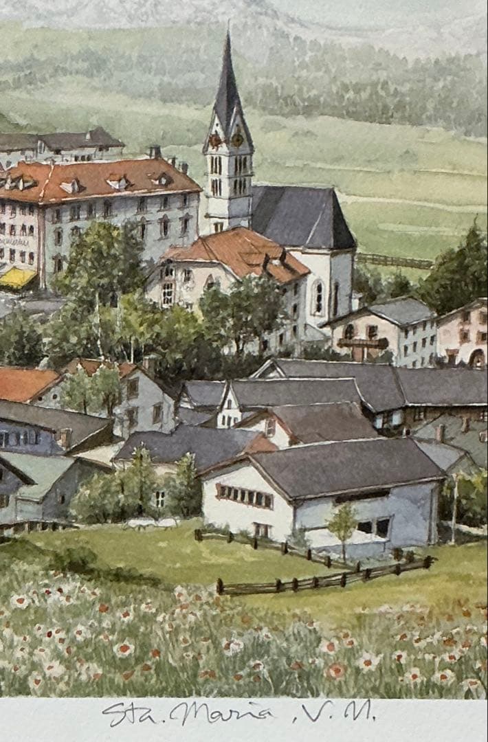 絵画・版画・リトグラフ・織田義郎・スイス・サンタマリアV.M・アルプス・世界遺産