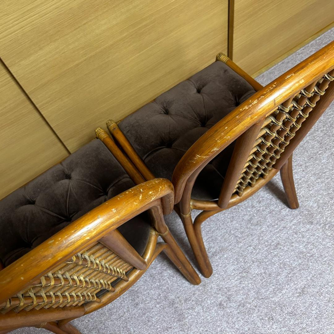 ヴィンテージ　ラタン　ダイニングテーブルセット　ガラステーブル　椅子2脚付き