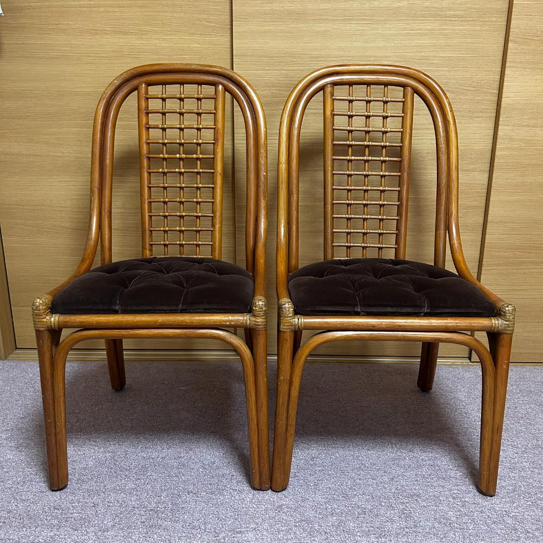 ヴィンテージ　ラタン　ダイニングテーブルセット　ガラステーブル　椅子2脚付き