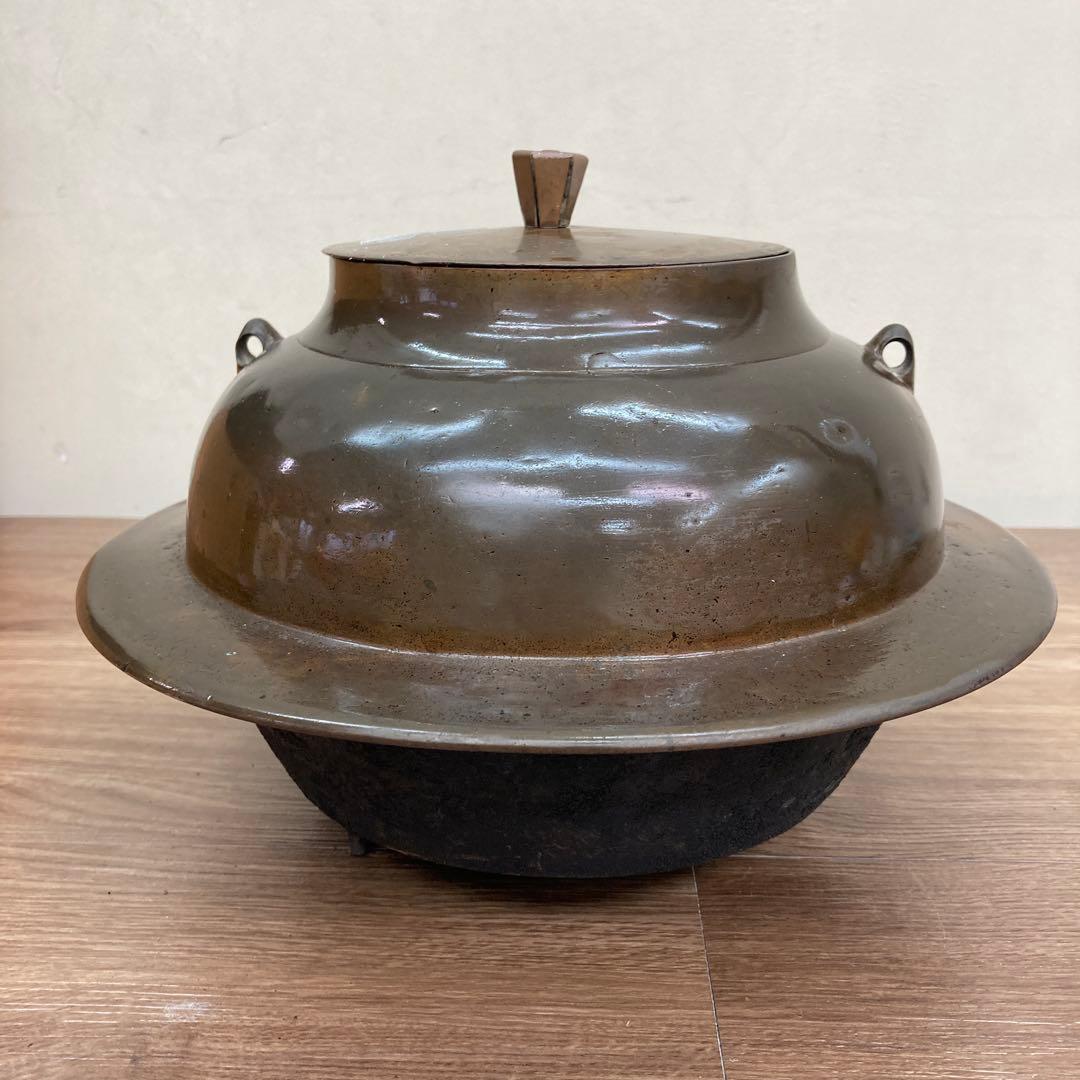 E-1 【アンティーク】茶道具 羽釜 茶釜 鉄釜 時代物 趣 古い茶釜（羽釜）