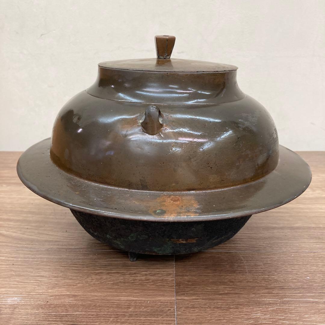 E-1 【アンティーク】茶道具 羽釜 茶釜 鉄釜 時代物 趣 古い茶釜（羽釜）