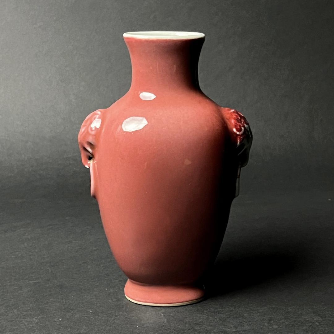 辰砂 双獣耳瓶 大清康煕年製 款 中国美術 古玩 SN25