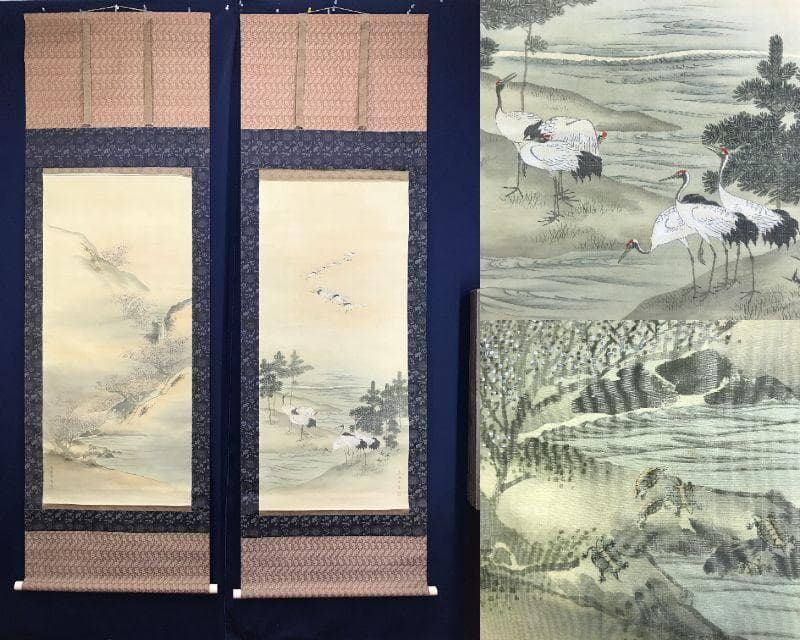 真作/森寛斎/松竹梅鶴亀図/群鶴/双幅/祝掛軸/正月/掛軸☆宝船☆AH-566