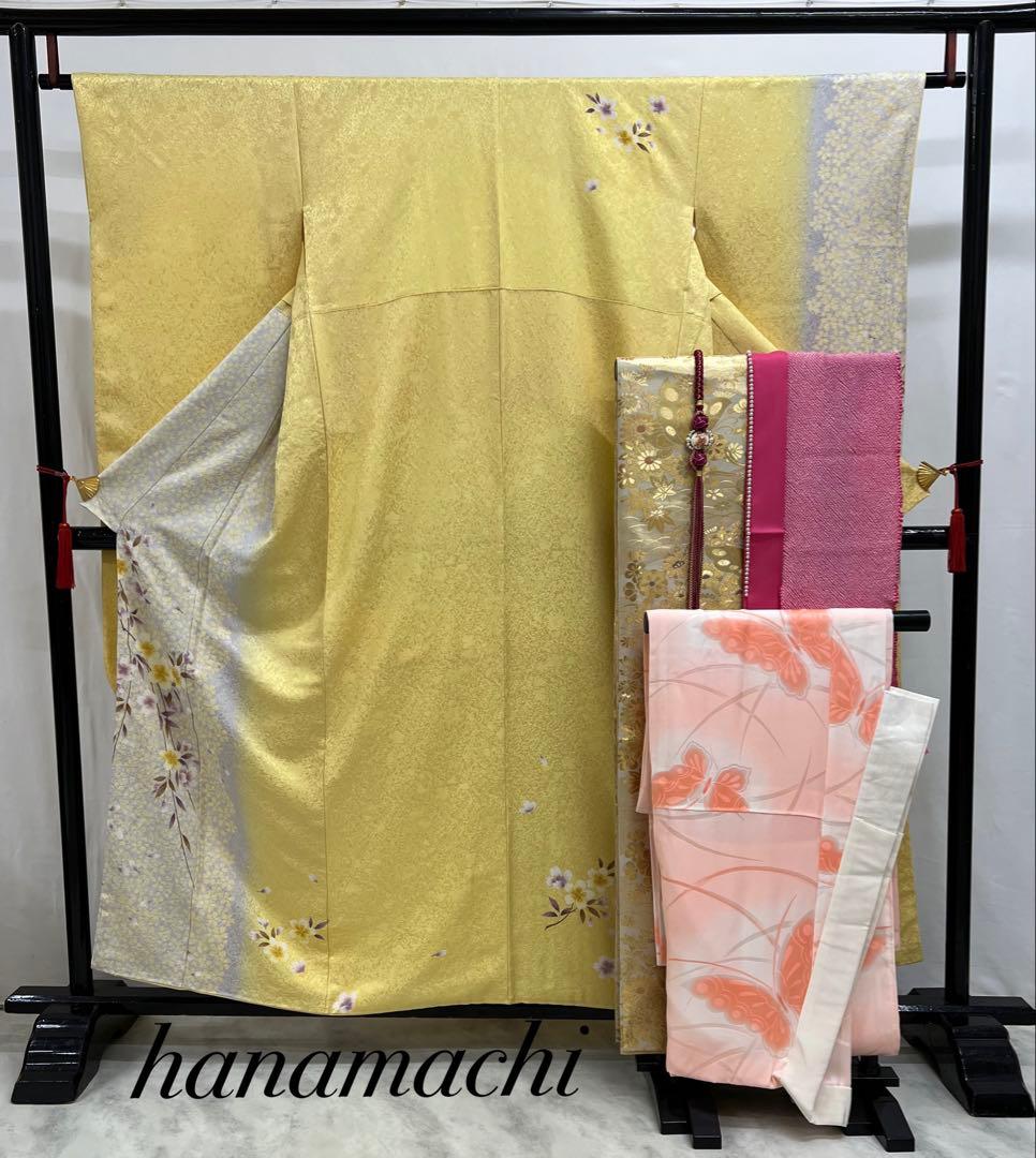 振り袖　フルセット　小柄な方に♪ 正絹長襦袢付　イエロー　桜　成人式　649