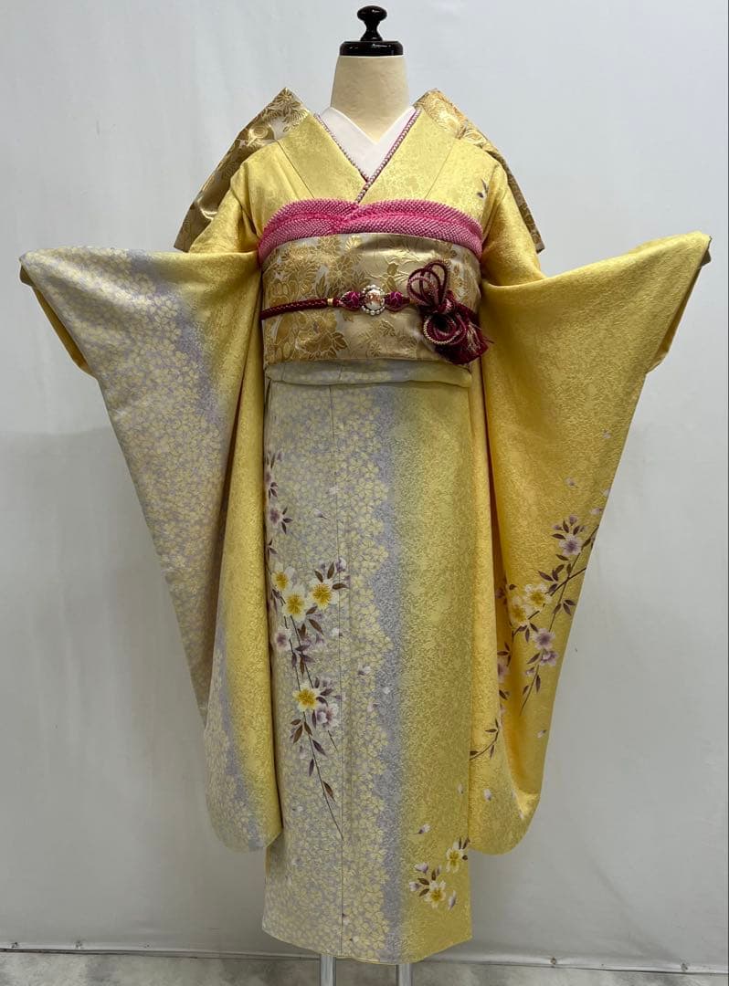 振り袖　フルセット　小柄な方に♪ 正絹長襦袢付　イエロー　桜　成人式　649