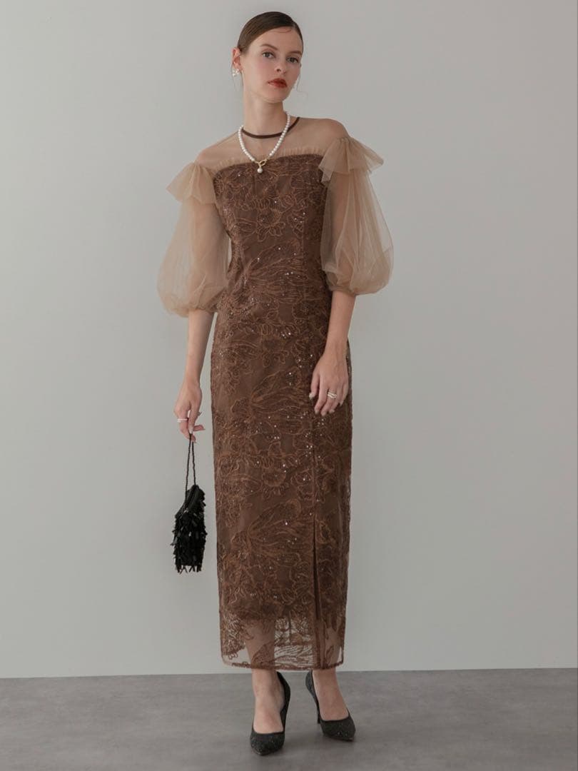 フラワースパンコールシアーフリルスリーブIラインワンピースドレス結婚式パーティー