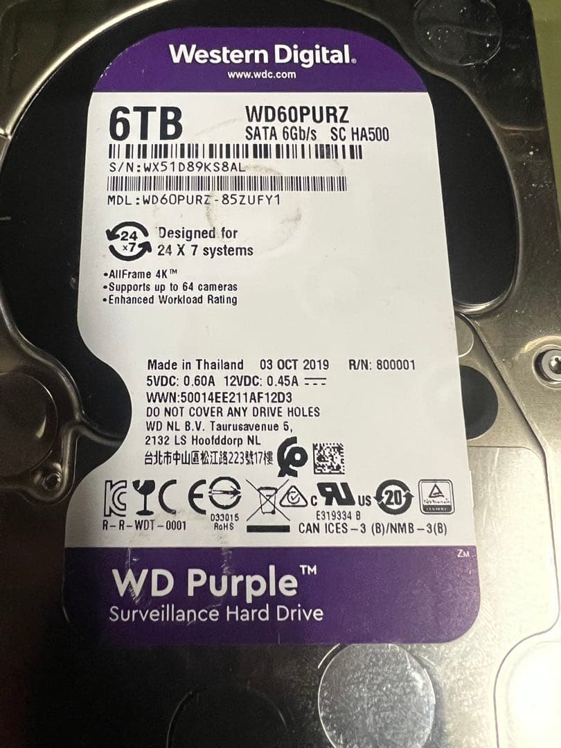 WD Purple 6内蔵型5台セット合計24TBハードディスクドライ