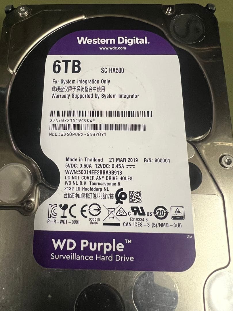 WD Purple 6内蔵型5台セット合計24TBハードディスクドライ