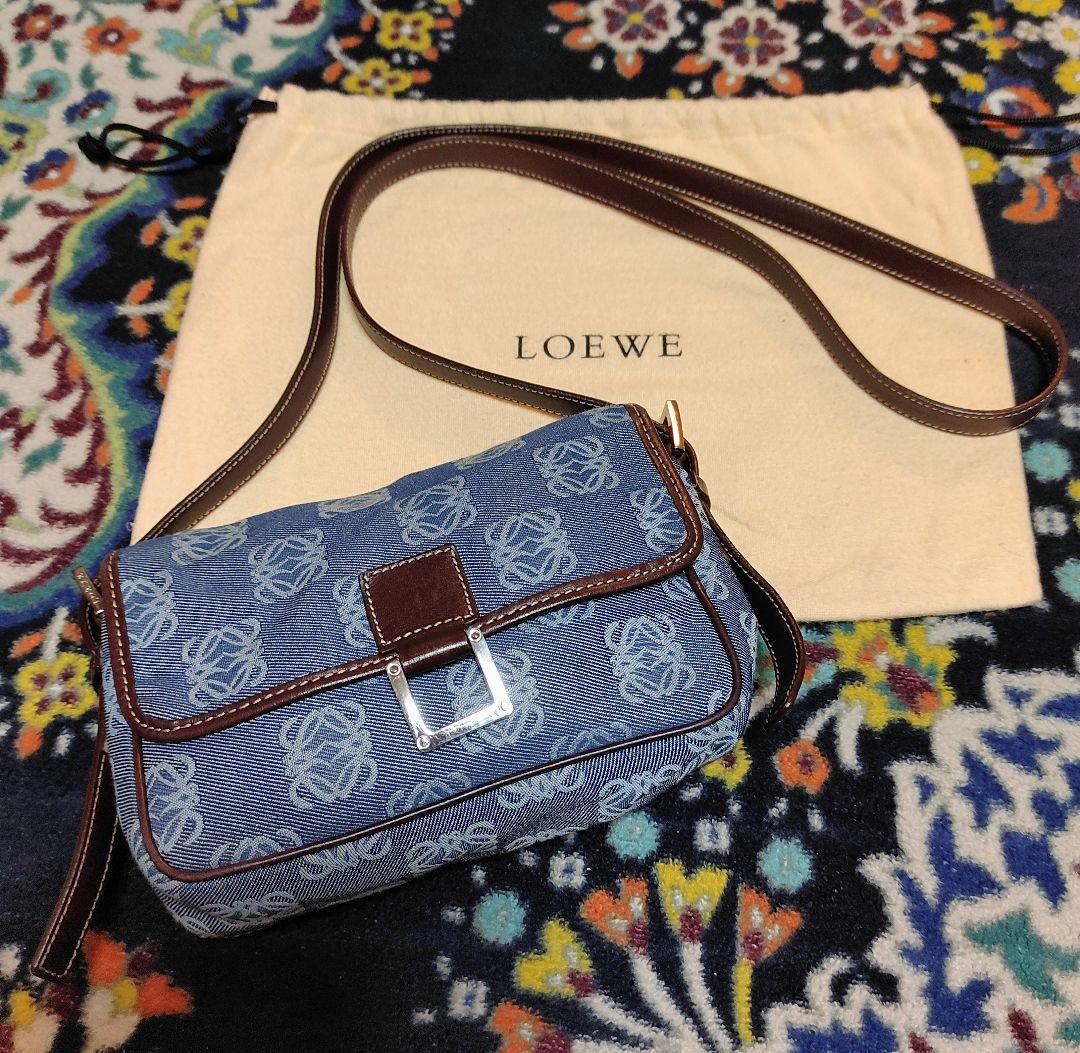 ロエベ　アナグラム　ポシェット　キャンバス　ブラウンレザー