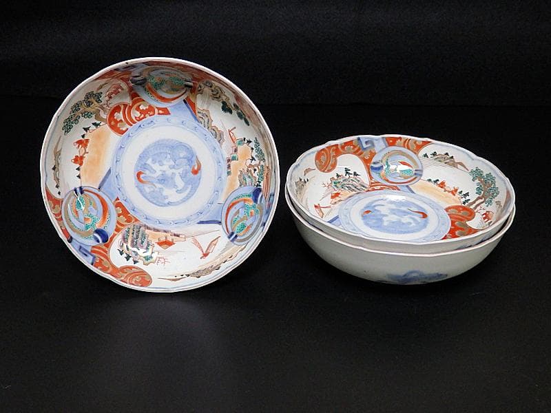 古伊万里　金襴手　熨斗に宝珠　山水の図　膾皿　３客　D761A-BHj