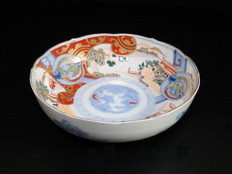 古伊万里　金襴手　熨斗に宝珠　山水の図　膾皿　３客　D761A-BHj