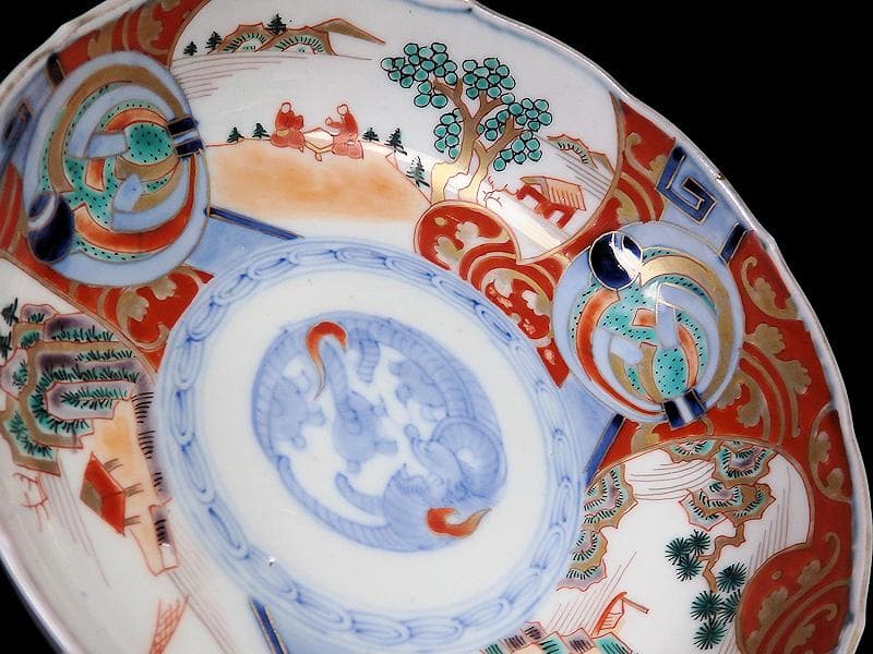 古伊万里　金襴手　熨斗に宝珠　山水の図　膾皿　３客　D761A-BHj