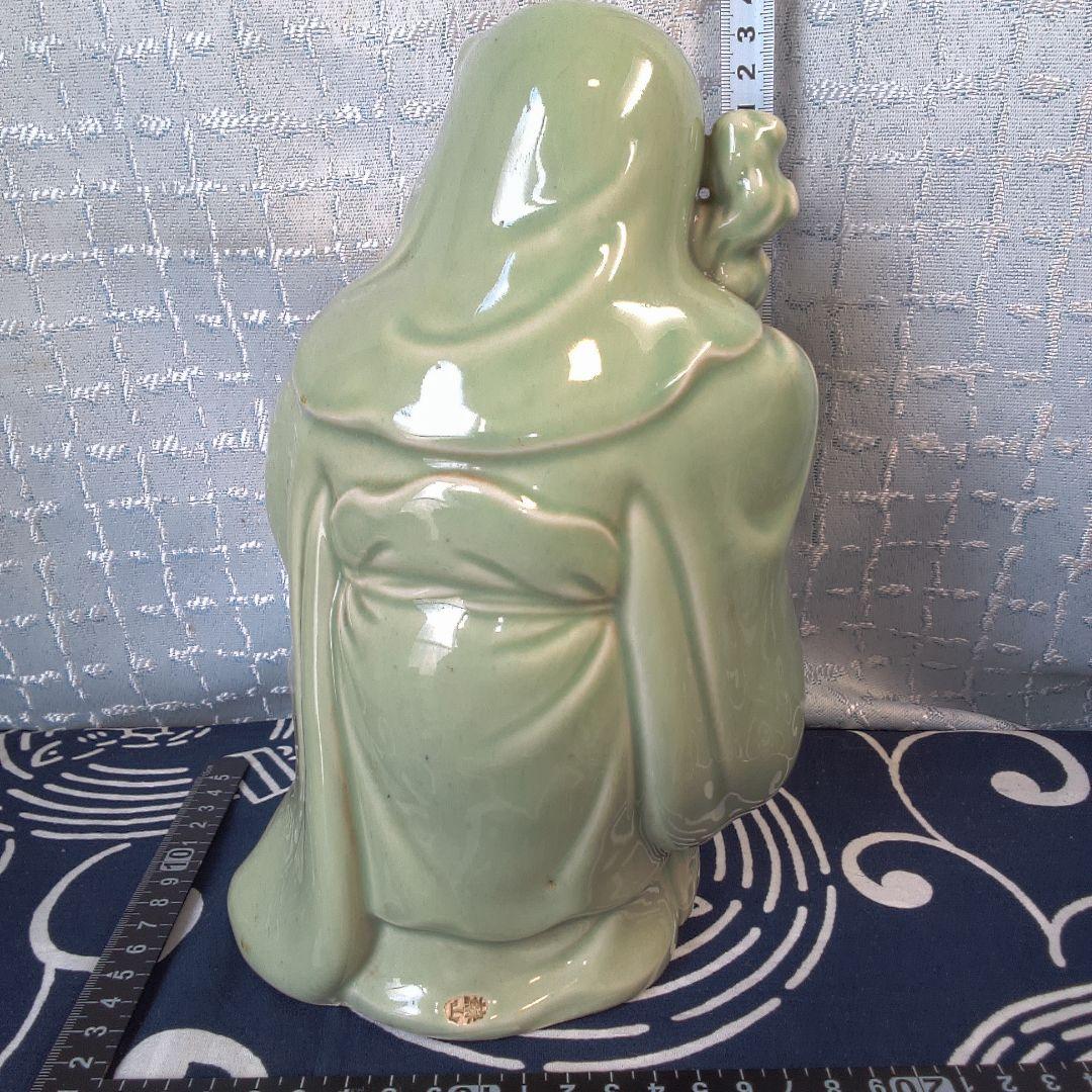 骨董４ 緑色の陶器製老賢者像 約20cm