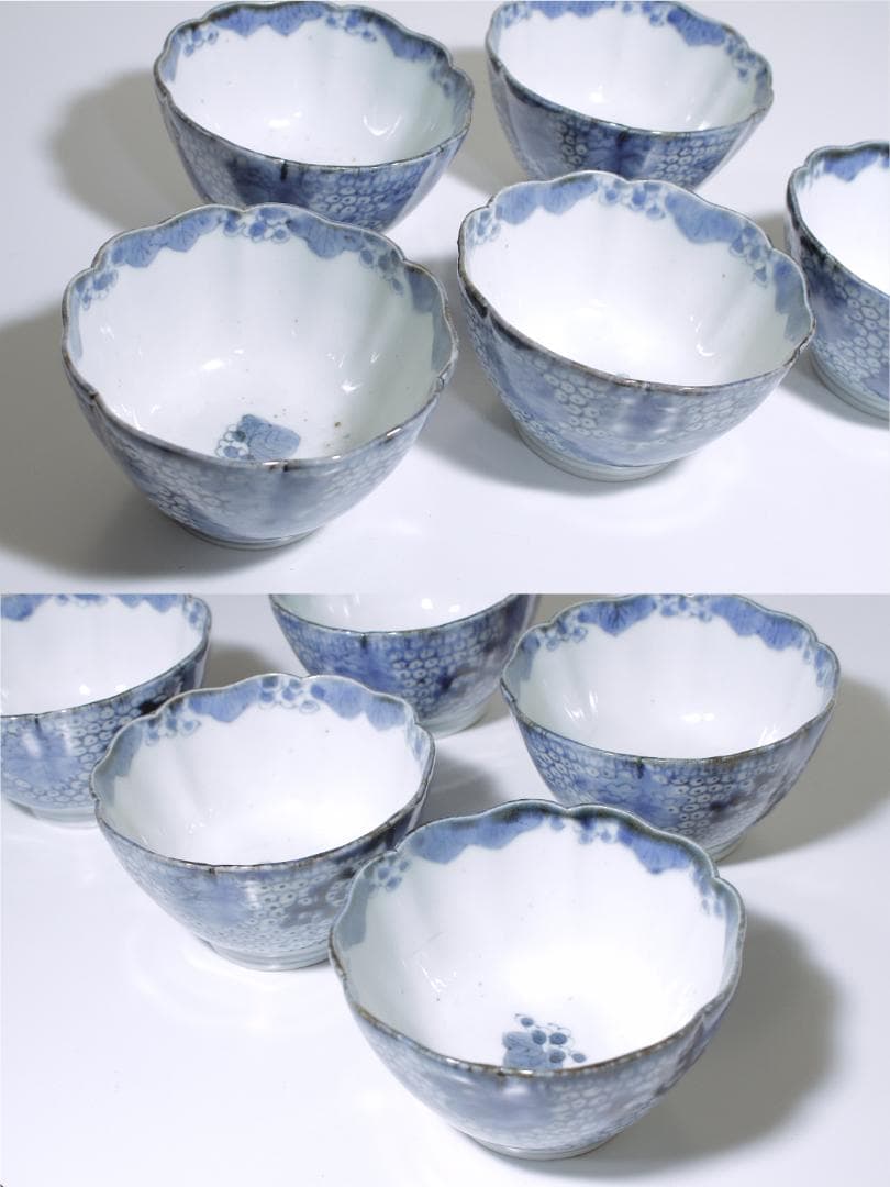 江戸中期 古伊万里 蕎麦猪口 五客揃 [繋ぎ亀甲・鳳凰文]