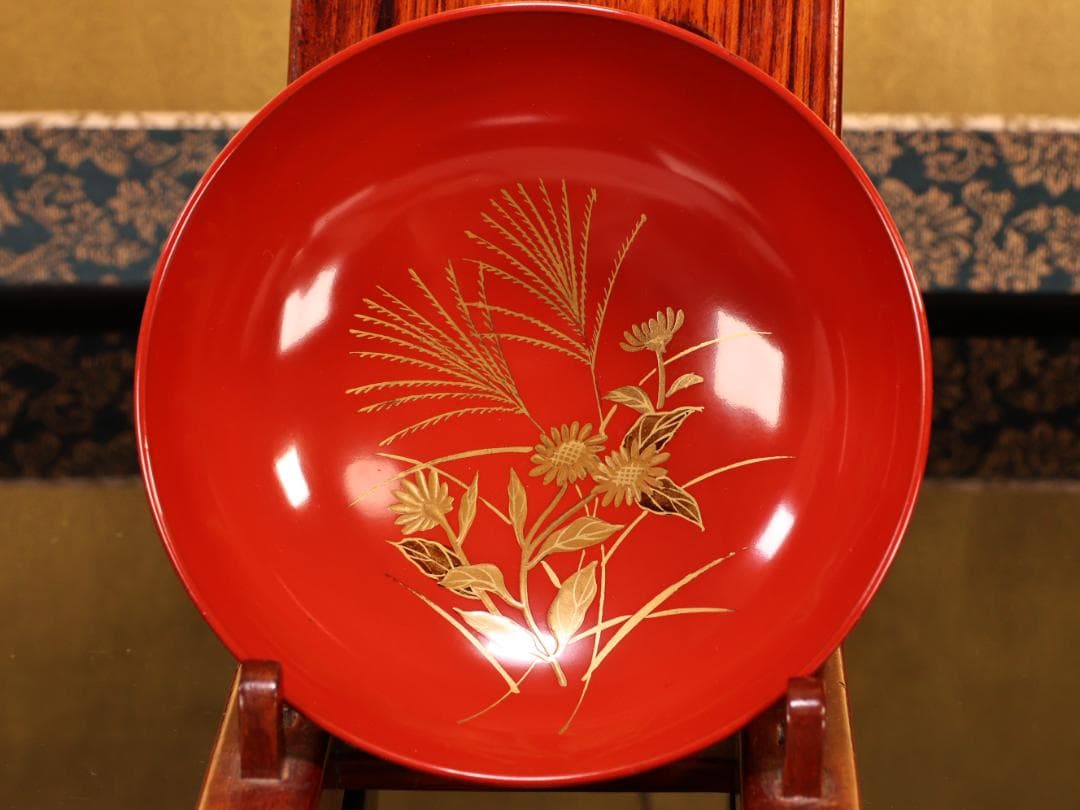 BK421　時代輪島塗　草花図金蒔絵　吸物椀　五客　木製　茶道具 懐石 菓子