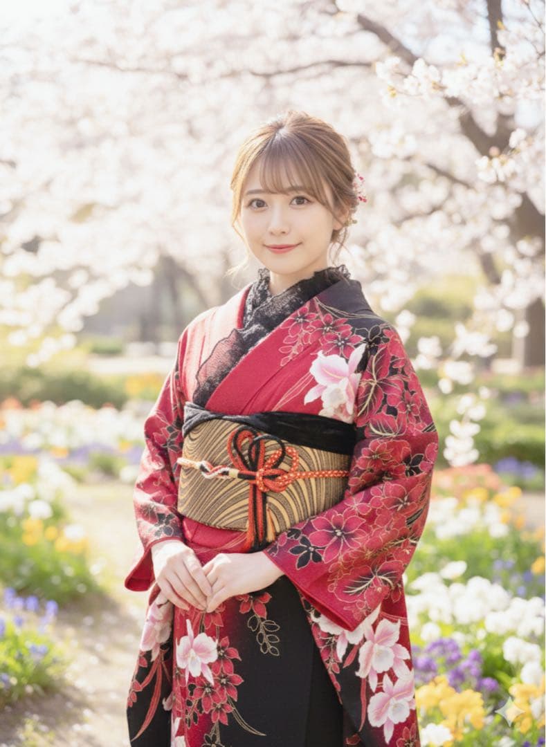 美品　正絹振袖フルセット　銀通し　黒地　花柄　鈴ガード付き　成人式