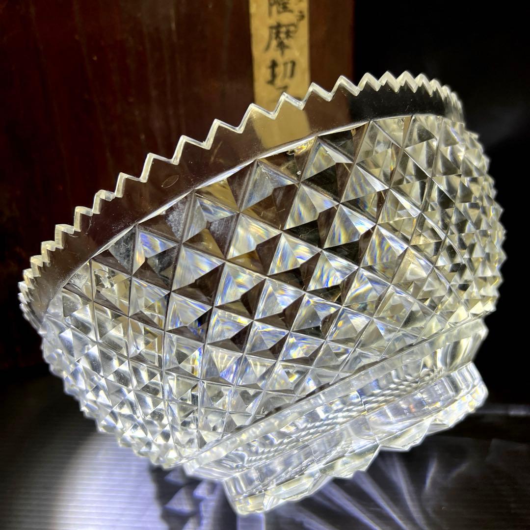 最上手　薩摩切子　初期極上手彫大鉢（鋭いカット）　木箱付　東Y7-1211☆1F