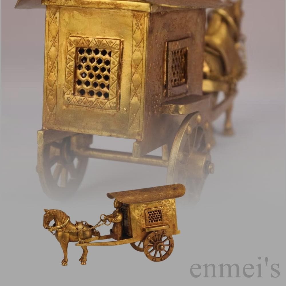 中国古美術 旧蔵 鍍金銅馬車 精銅製 彫刻置物 装飾 文房置物 純手作り 重器