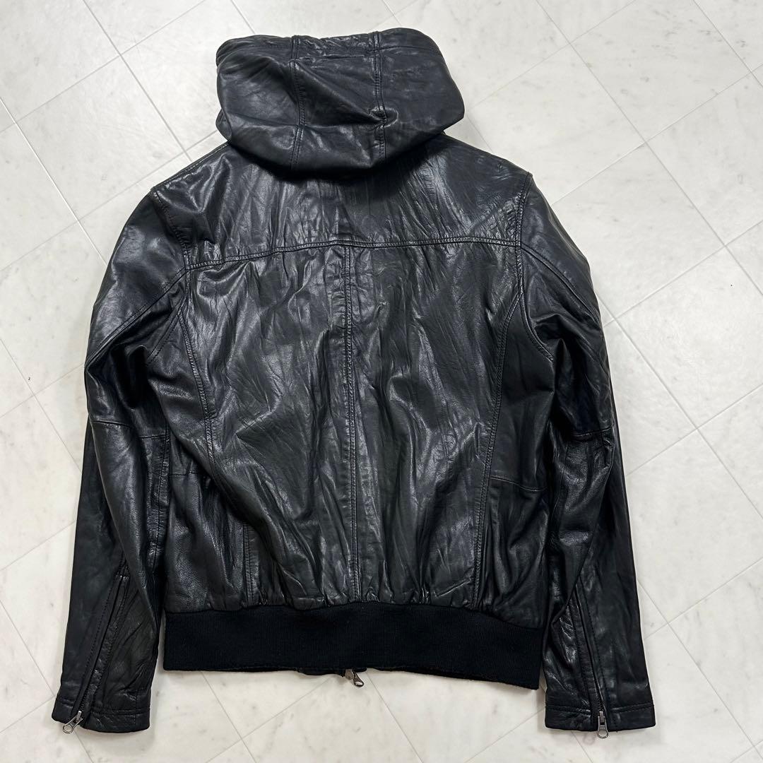 〈美品〉BACK NUMBER【M】フード付き レザーライダースジャケット 黒