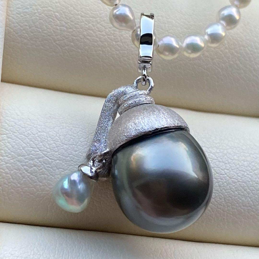 本真珠　南洋黒蝶真珠&あこや真珠ネックレストップ12mmダークグリーンPT826