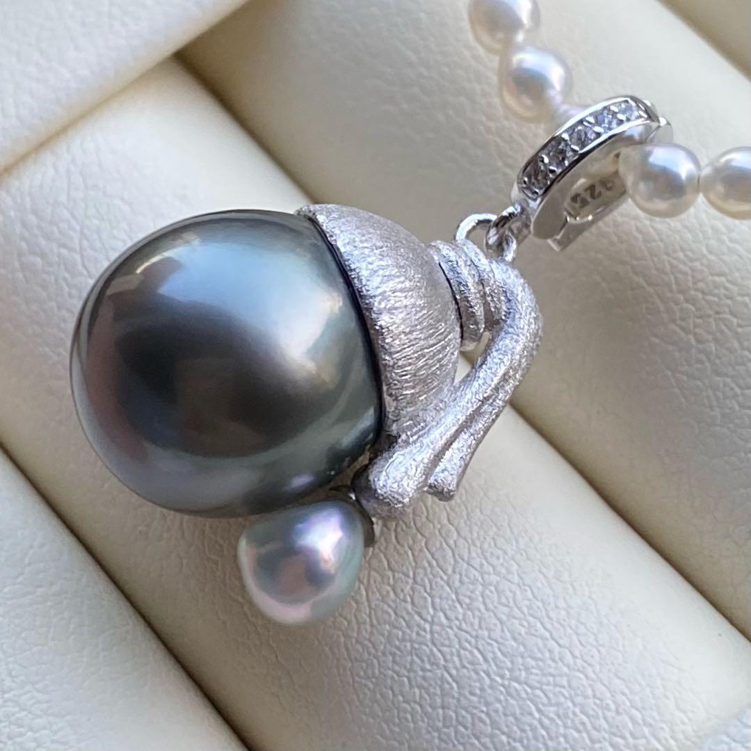 本真珠　南洋黒蝶真珠&あこや真珠ネックレストップ12mmダークグリーンPT826