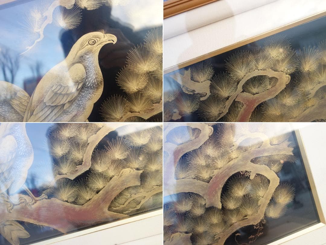 K▼森下弘堂 輪島塗 老松と鷹 沈金 額 扁額 (37424)