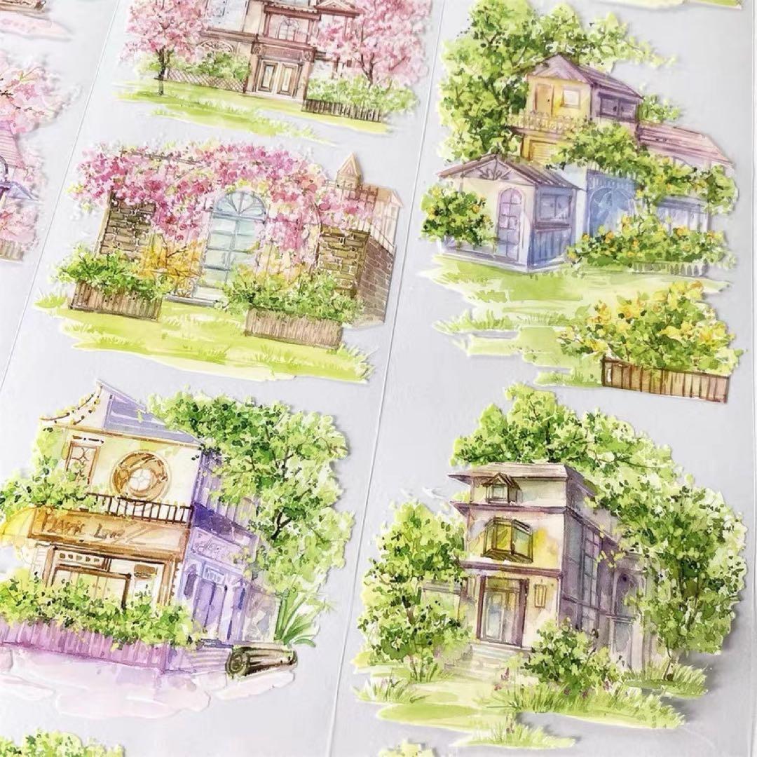 【9080】海外　マステ　5m巻　PETマスキングテープ　桜　木　戸建て　背景系