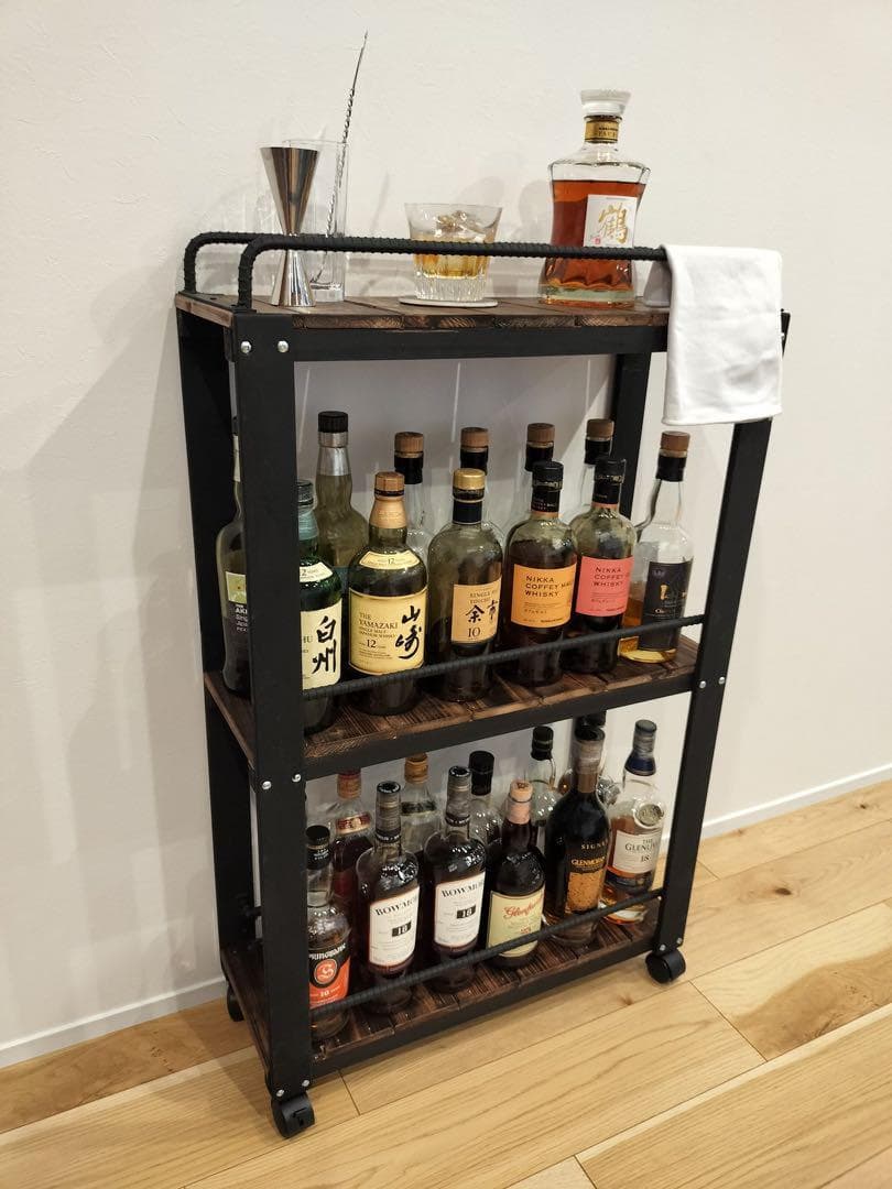 ウィスキーラック　　落下防止ワゴンタイプ　男前インテリア　棚　インダストリアル