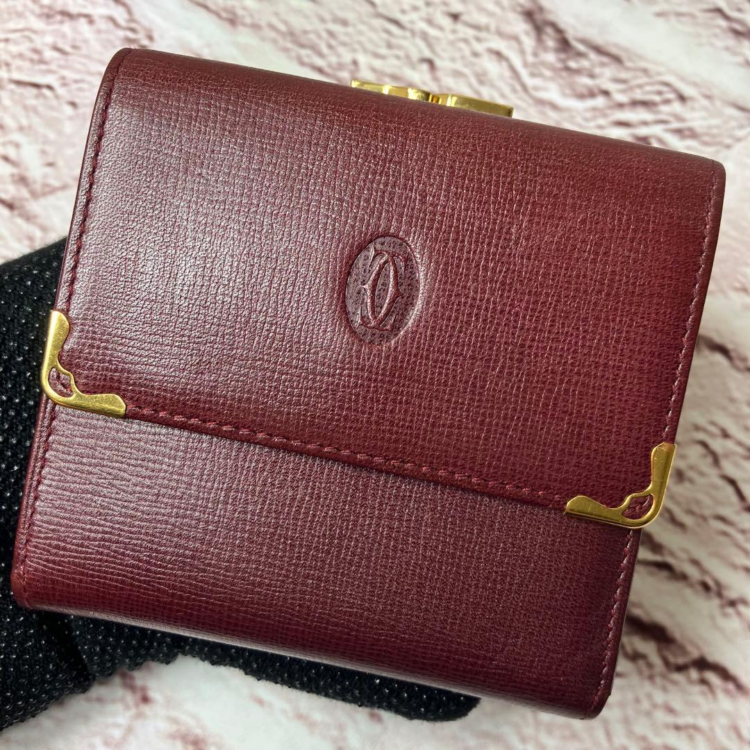 カルティエ✨がま口 ゴールド金具 三つ折り財布 マストライン 本革 レザー