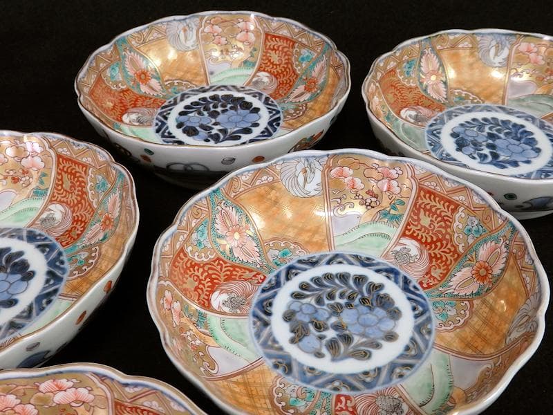 古伊万里　金襴手　松竹梅に鶴亀の図　膾皿　５客　D942AS-BNu