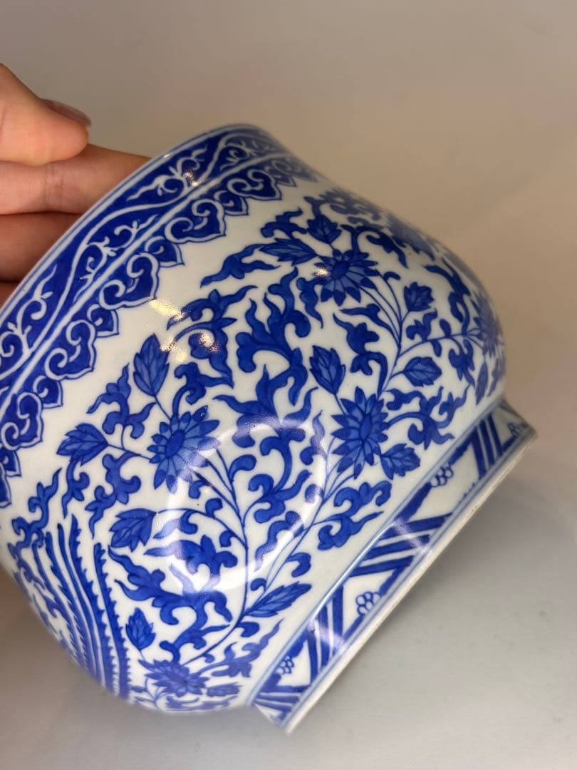 大清道光年製 底款　青花染付　鳳凰文　小缸　中国古美術