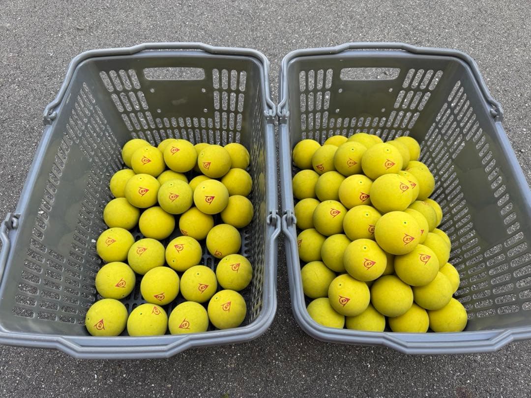 ダンロップ ソフトテニスボール 公認球 中古（80球） イエロー、2カゴ付き
