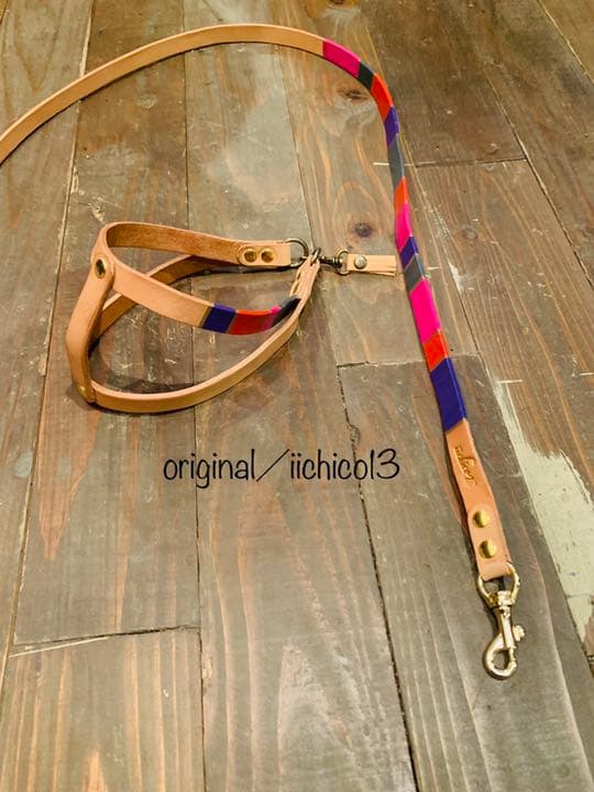 犬用　リード＆ハーネス　　ヌメ革ハーフマルチカラー