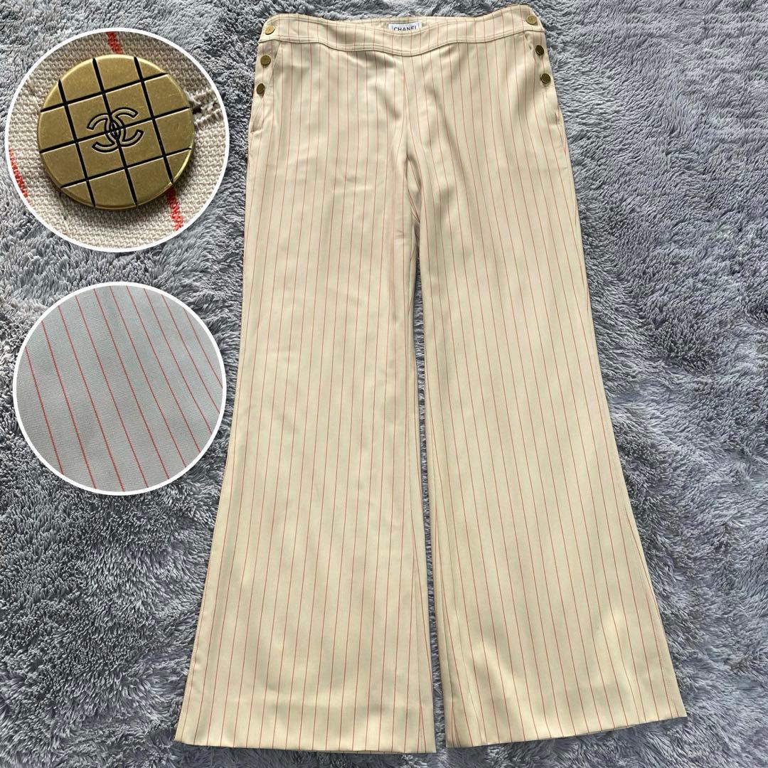 シャネル ココボタン 羊毛 サイズ42 ワイドパンツ オレンジストライプ