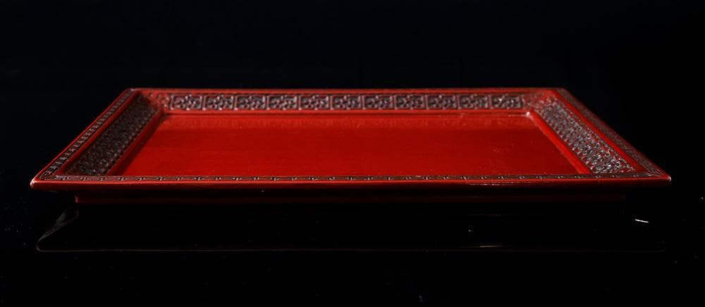 時代物 木地 堆朱 長方隅角盆 回文 雷文 雲雷文 茶懐石 鎌倉彫 折敷