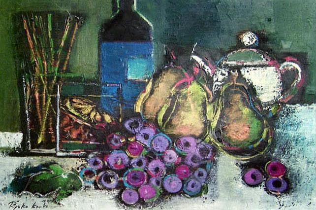 油絵 絵 絵画 インテリア uF6-061504 静物 果物 ワイン ポット