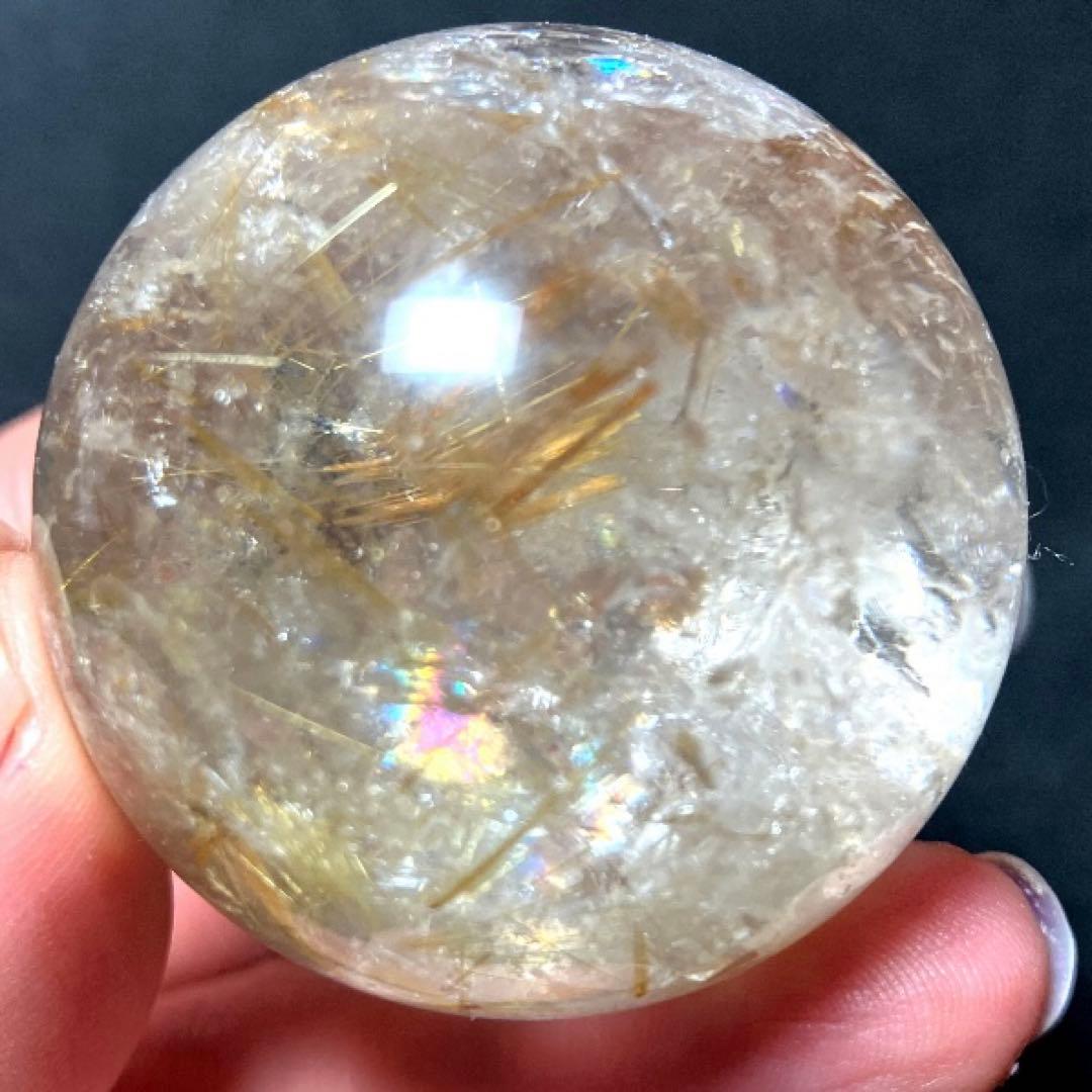 43mm 虹入りゴールドルチルクォーツ　丸玉　スフィア　金針水晶