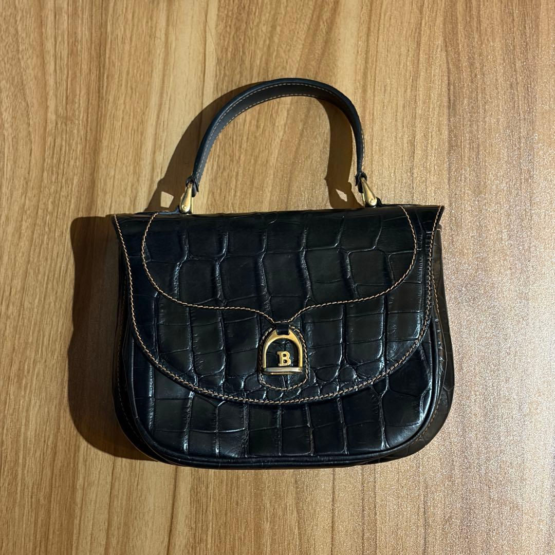 美品 BALLY ハンドバッグ クロコ 型押し Bロゴ レザー ブラック 伊製