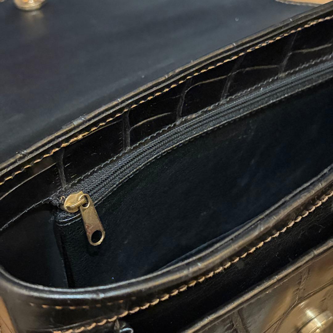 美品 BALLY ハンドバッグ クロコ 型押し Bロゴ レザー ブラック 伊製