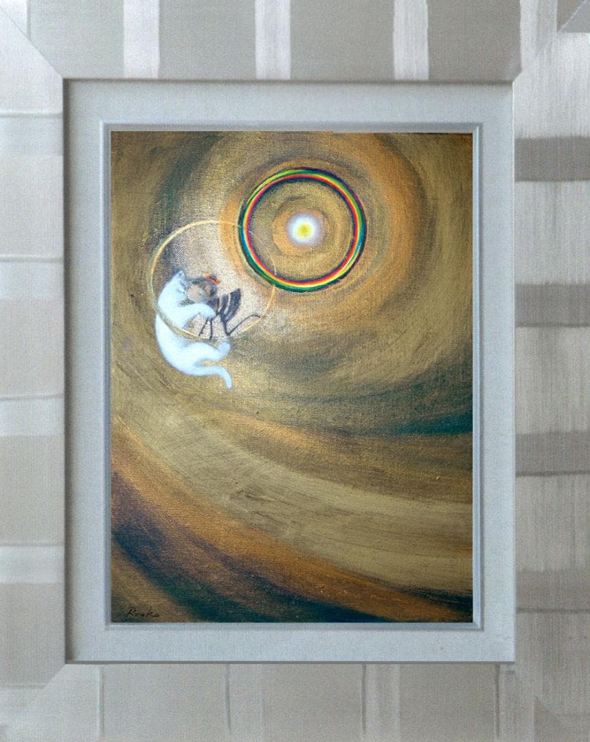 油絵 菅家令子 絵 絵画インテリア額付(銀) F4-030119 子猫子犬女の子